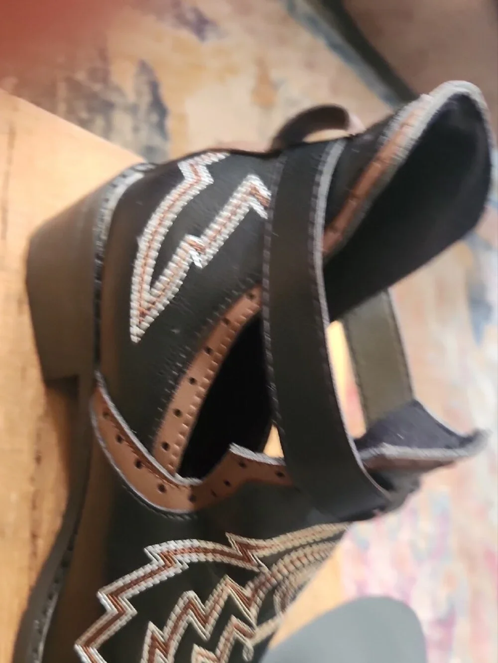 SHEIN Black Ankle Booties with Brown Trim & Embroidered Detail